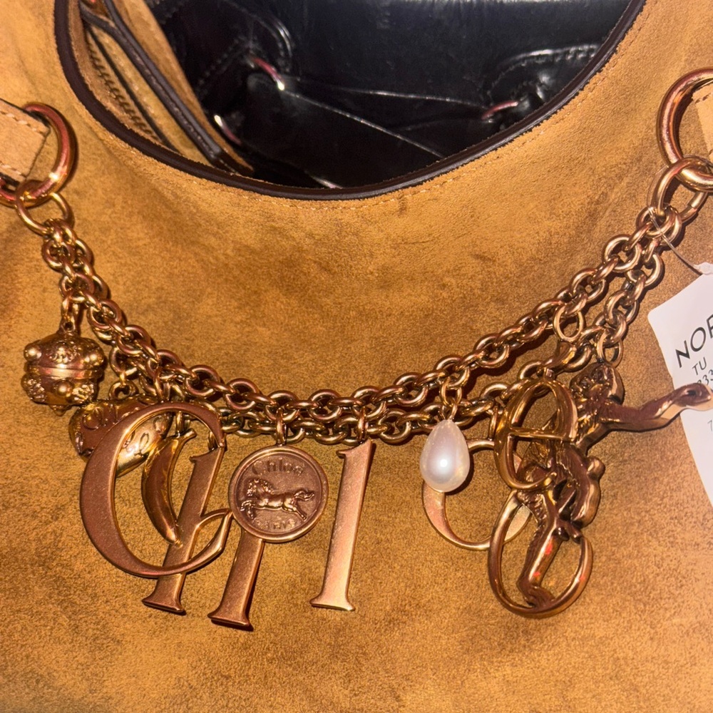 CHLOÉ Charms Camel Brown Suede Leather Gold Khaki Hobo Shoulder Bag Handbag - Picture 5 of 13